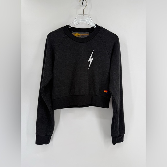 Aviator Nation Charcoal Grey/Black Lightning Bolt 2 Cropped Sweatshirt size L - Picture 2 of 6